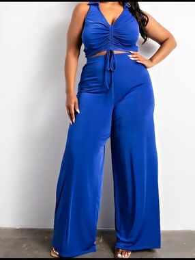 Wide-Leg High-Waist Pant And Matching Collar Top Royal Blue